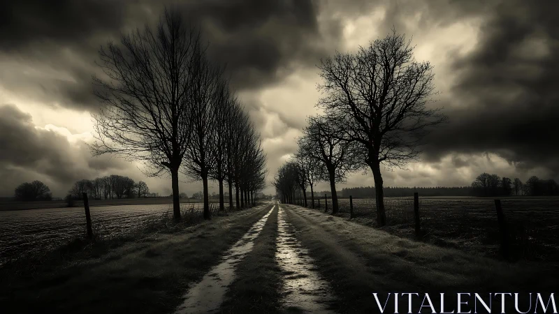 Linear rural avenue receding under storm-heavy cumulonimbus sky