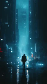 Solitary human figure walks through dense blue urban rainfall