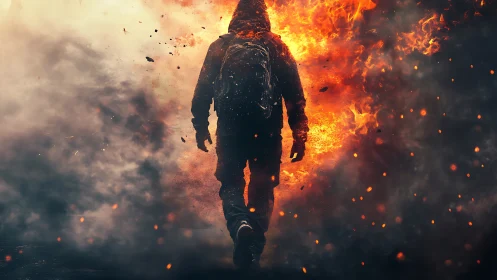 Hooded figure walks through fire and thick smoke wall.