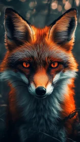 Luminous fox portrait in moody forest bokeh lighting.