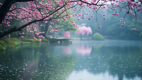Cherry blossoms over tranquil lake with atmospheric depth of field