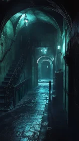 Deserted stone passage glows under cold turquoise lamps