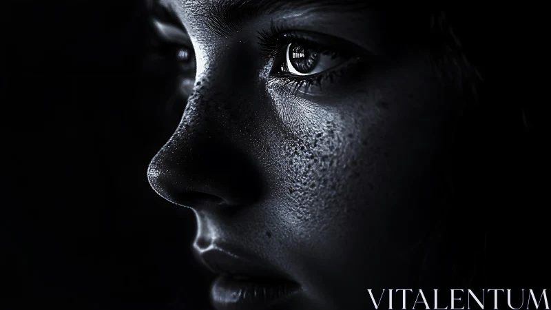 Intense side portrait in dramatic low key monochrome lighting.