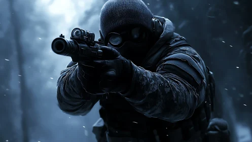 Tactical sniper targets enemy in cold blue forest haze.