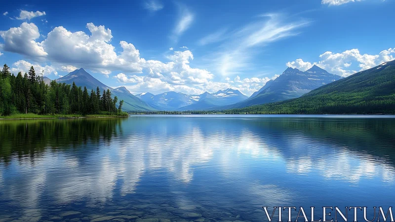 Mountain lake panorama with reflective blue sky and pines.