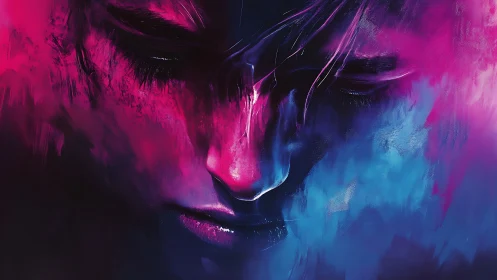 Neon-lit portrait merges abstract brushwork with moody contrast
