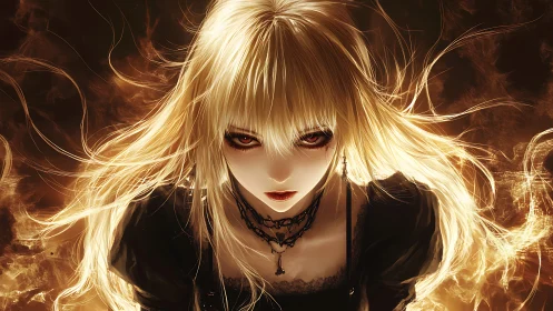 Fiery-eyed gothic girl emerges from swirling golden flames.