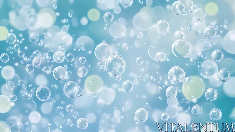 Transparent soap bubbles float over soft blue bokeh field.