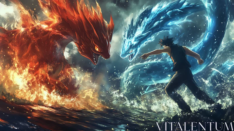 Epic clash between fire beast, water dragon and warrior.