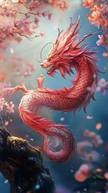 Digital painting of a cherry blossom dragon in vertical flight.