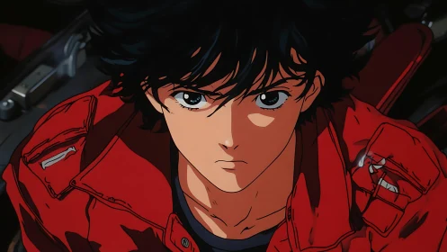 Close-up of black-haired anime youth in red jacket, seated.