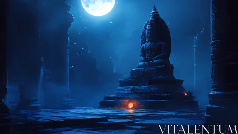 Moonlit temple deity in tranquil blue mist at midnight.