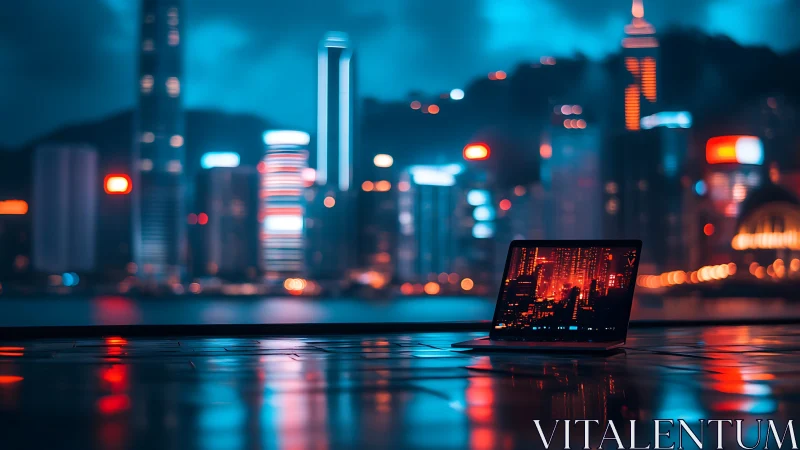 Laptop on wet city rooftop facing neon skyline at night.