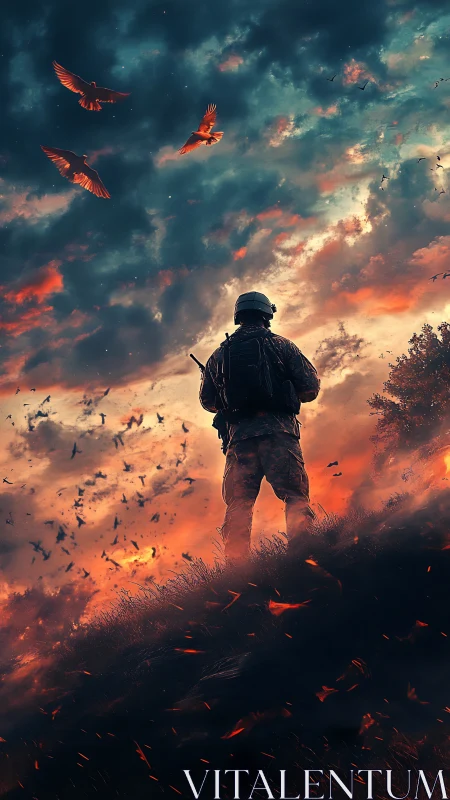 Solitary soldier silhouetted against apocalyptic burning sky