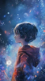 Stargazing youth in cosmic nebula glow, vivid side profile.