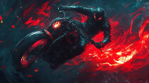 Cyberpunk inferno rider on flaming motorcycle, dynamic composition.