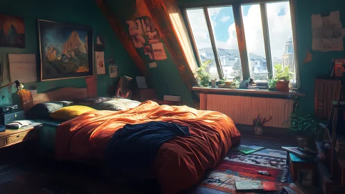 Cozy skylit attic bedroom with a bright winter view outside.