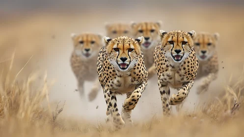 Cheetah Coalition Charging Through Savanna Dust.