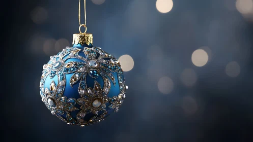 Blue ornament shimmers with jeweled filigree on dark bokeh.