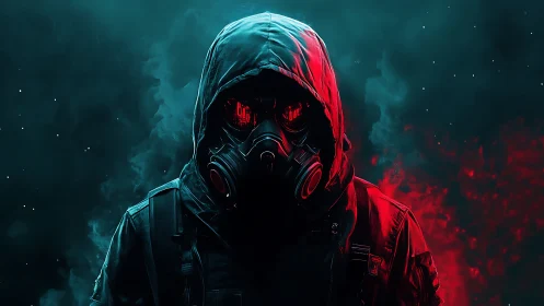 Cyberpunk hooded operative in toxic neon bicolor haze.
