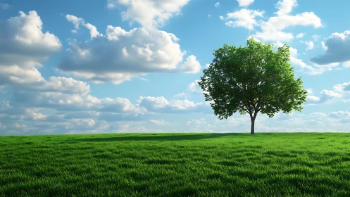 Lone tree on green field under blue sky with clouds, natural style.