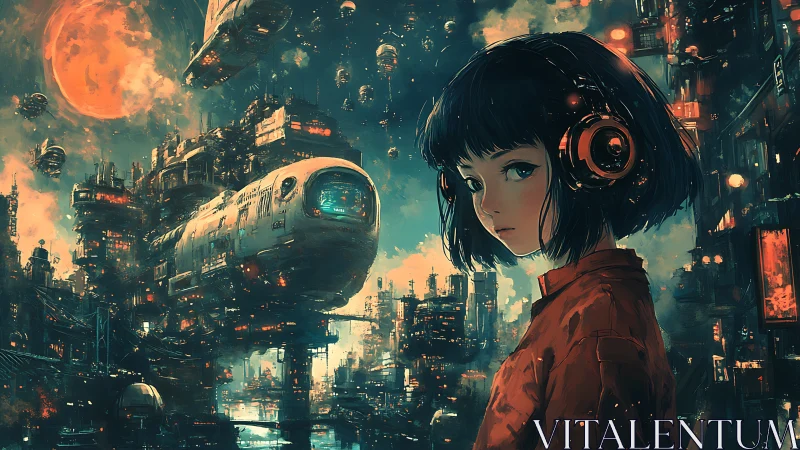 Young figure in headphones amid dense cyberpunk cityscape.