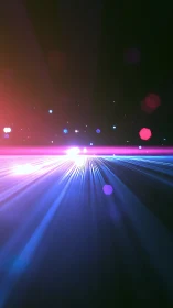 Neon light beams burst across dark space background.