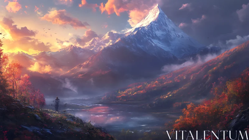 Majestic snow peak towers over serene autumn valley at dawn.