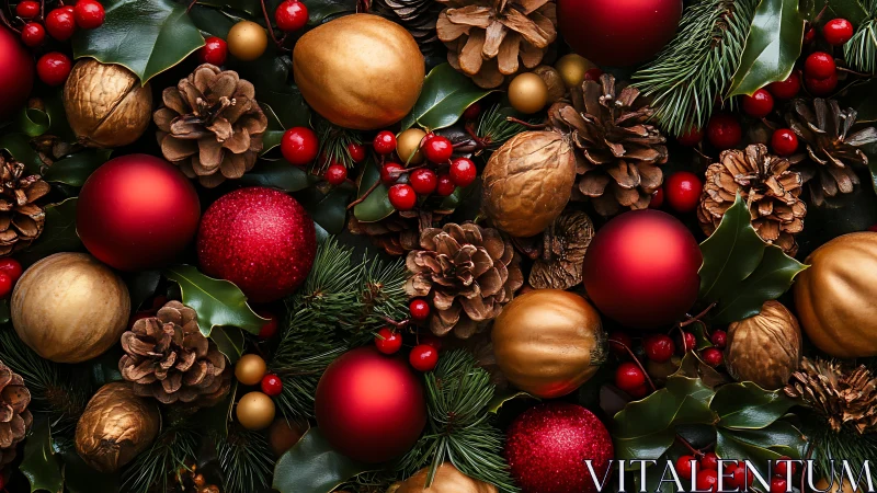 Chromatic analysis of festive baubles, cones, and foliage.