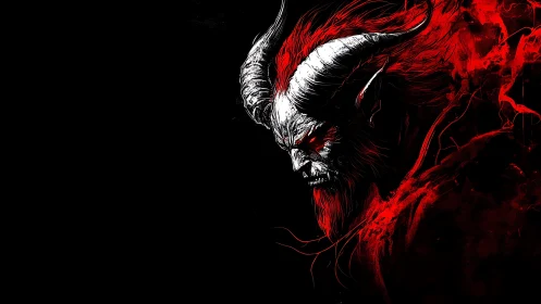 Horned inferno king leans from darkness in blazing red