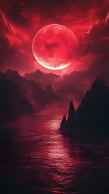 Red celestial body above dark mountains and reflective water.