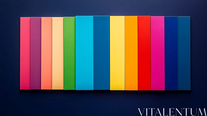 Chromatic vertical panels align precisely on deep navy field