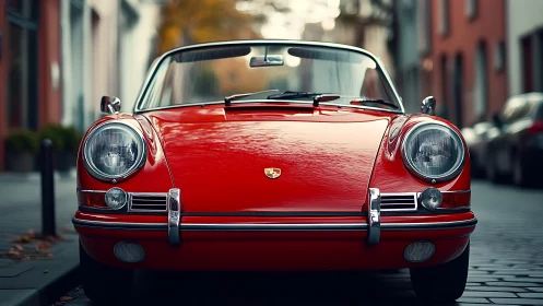 Bright red vintage sports car waits calmly on a quiet street