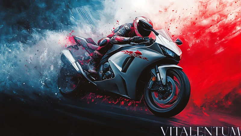 Throttle-bent rider carving fire and ice on silver steel.