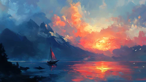 Sailboat drifts beneath wildfire skies on molten sunset bay.