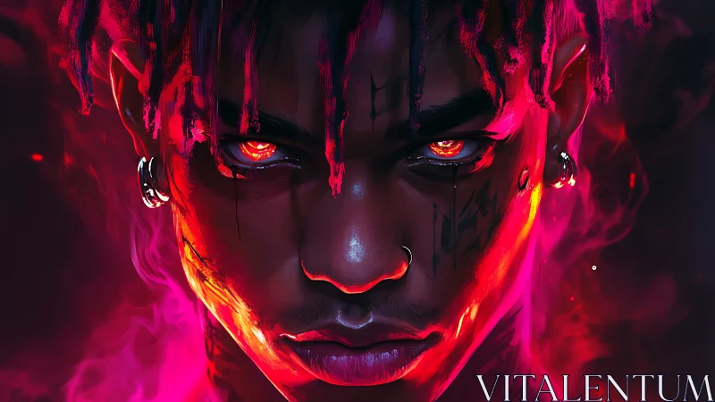 Infernal neon portrait with incandescent gaze and vaporous glow.