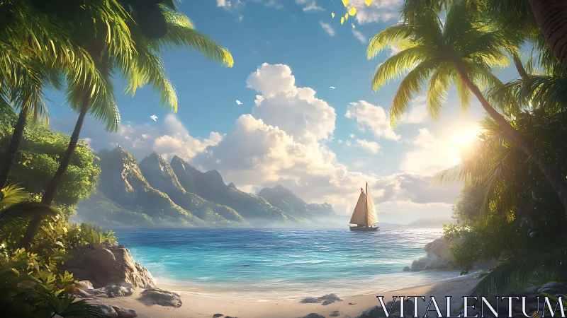 Tropical Beach Cove with Sailboat and Mountain Vista