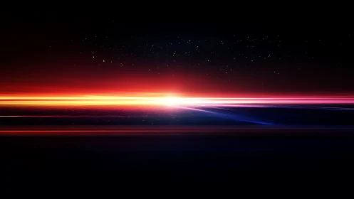 Horizontal light streaks intersect a distant luminous horizon