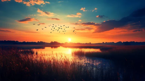 Sunlit wetland horizon with birds over reflective water.