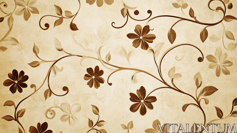 Vintage floral vines curl across warm parchment background