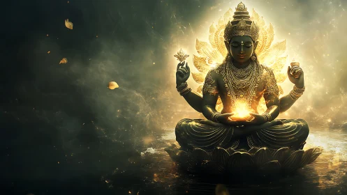 Divine luminous deity in lotus pose with radiant energy core.