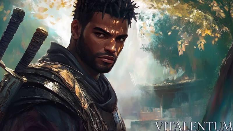 Armored swordsman portrait in forest clearing environment.