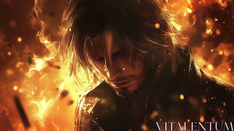 Stormlit warrior in golden flames, quietly gathering resolve.