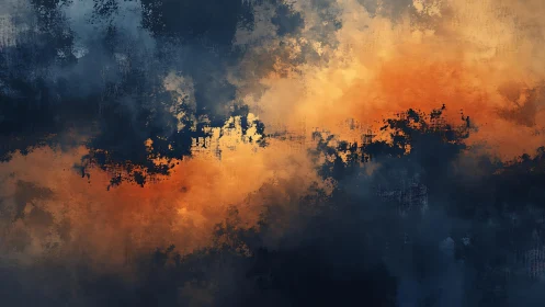 Dramatic Abstract Sky in Deep Blue and Fiery Orange Tones.