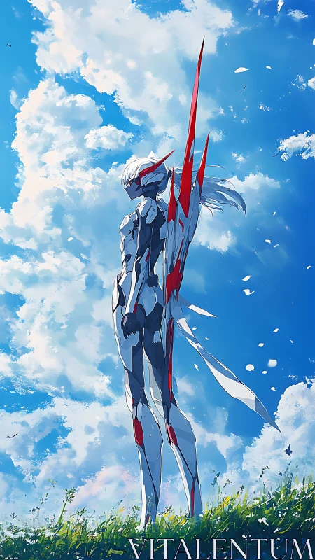 Armored mecha pilot stands against high-contrast cumulus sky