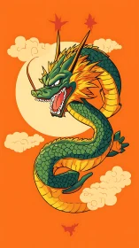 Coiled emerald dragon against bold orange sunlit sky.