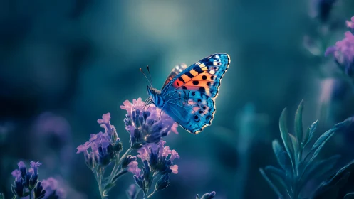 Twilight butterfly poised on dreamy lavender blooms.