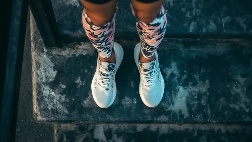 Top-down view isolates white running shoes on worn steps