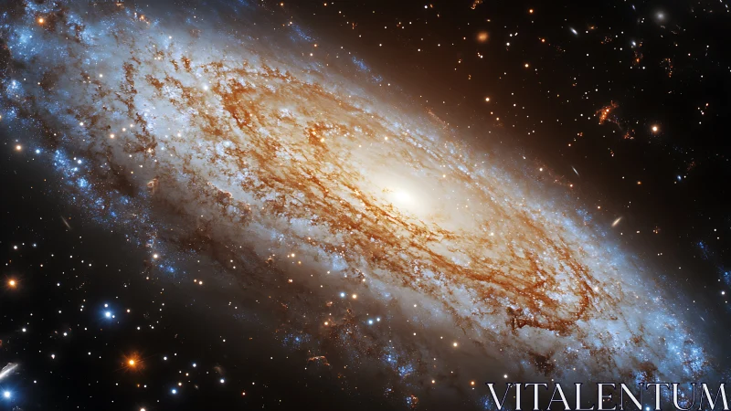 Edge-on spiral galaxy with glowing core and star clouds.