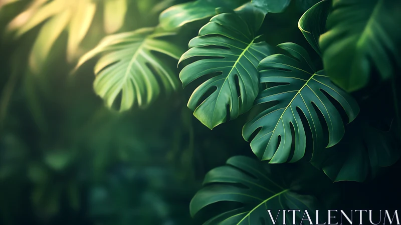 Monstera leaves glowing with soft tropical backlight detail.